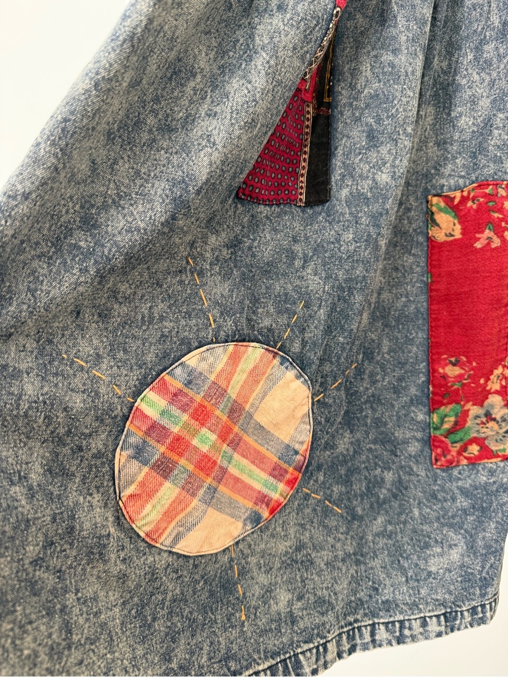 Boho Patchwork Denim Dress Tiered Folk Art Embroidered Sleeveless V Neck Cottage - Picture 3 of 9